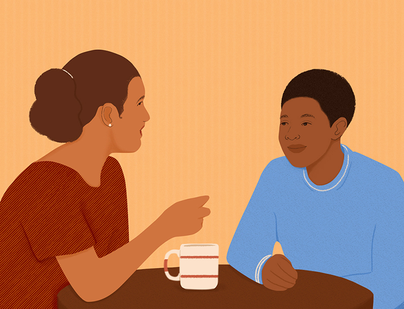 Digital illustration of a brown woman, with a coffee mug in front of her, speaking with a Black high school student, both seated at a small round table.