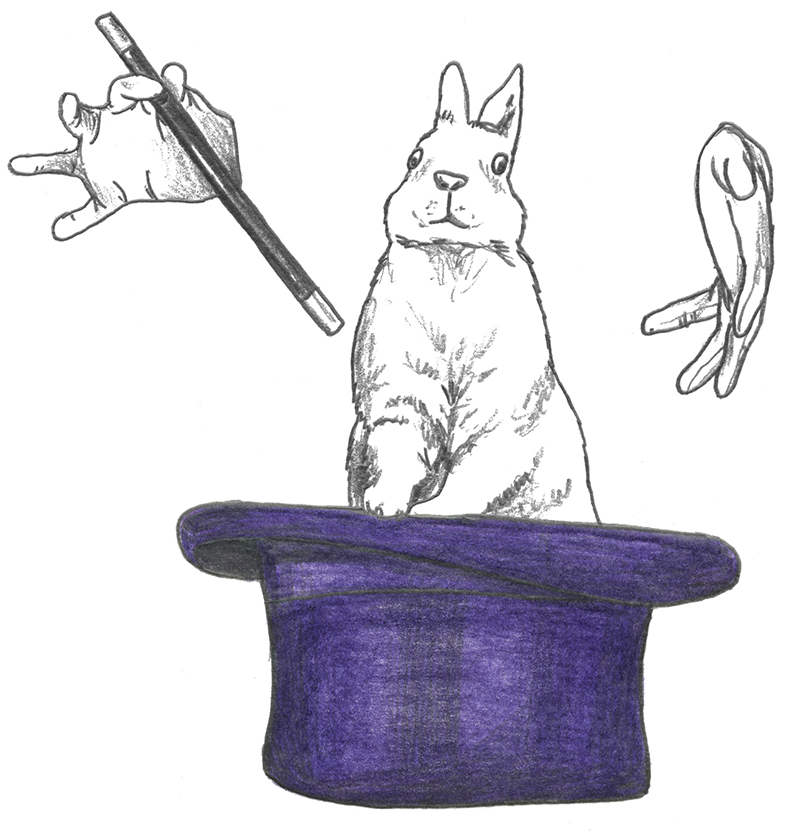 Colour graphite illustration of a white rabbit in a purple top hat, and a pair of floating white-gloved hands, one holding a black magic wand