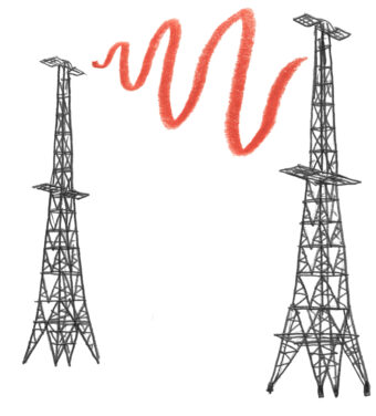 Graphite illustration of two radio towers with an orange radio wave running between them