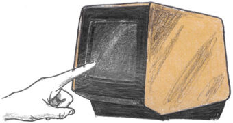 Graphite illustration of a hand with the index finger extended toward the screen of a box-like monitor with beige coloured sides and top