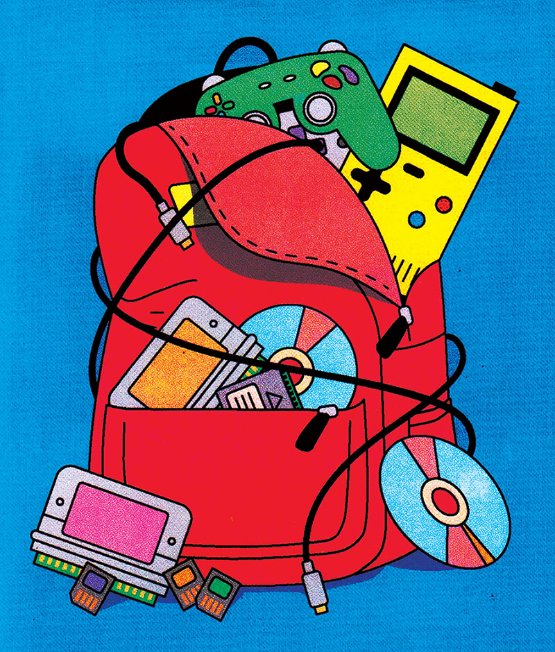 Illustration of a red backpack stuffed with video game paraphernalia, including cartridges, CDs, controllers and memory cards
