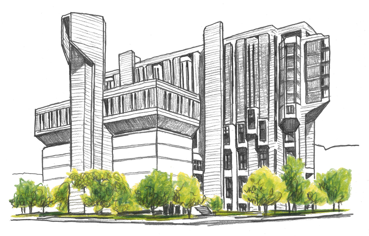 Black and white graphite drawing of Robarts Library, with surrounding trees coloured in green.