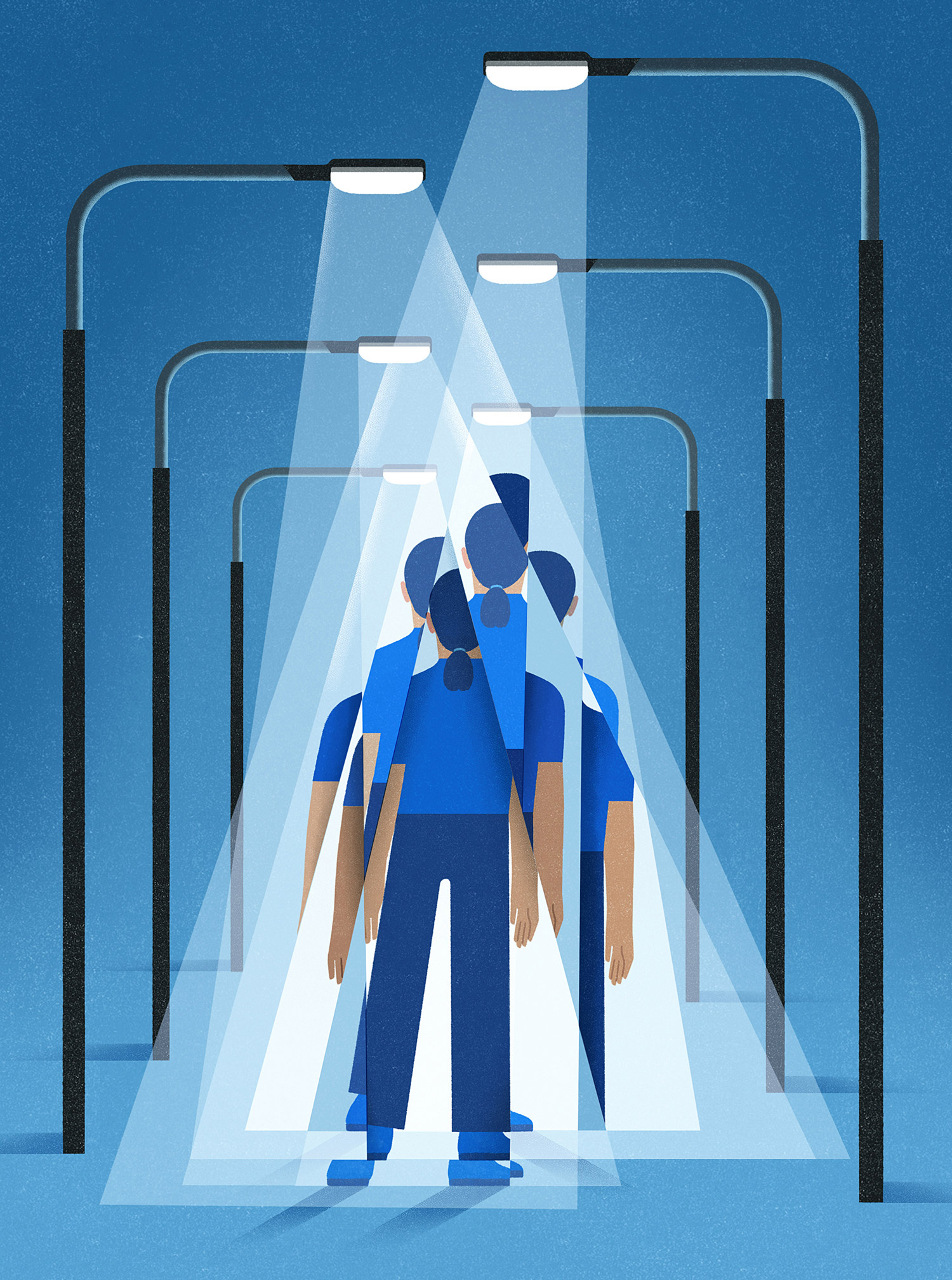Digital illustration, primarily in blue tones, depicting street lights on either side, shining down on fragmented pieces of a person