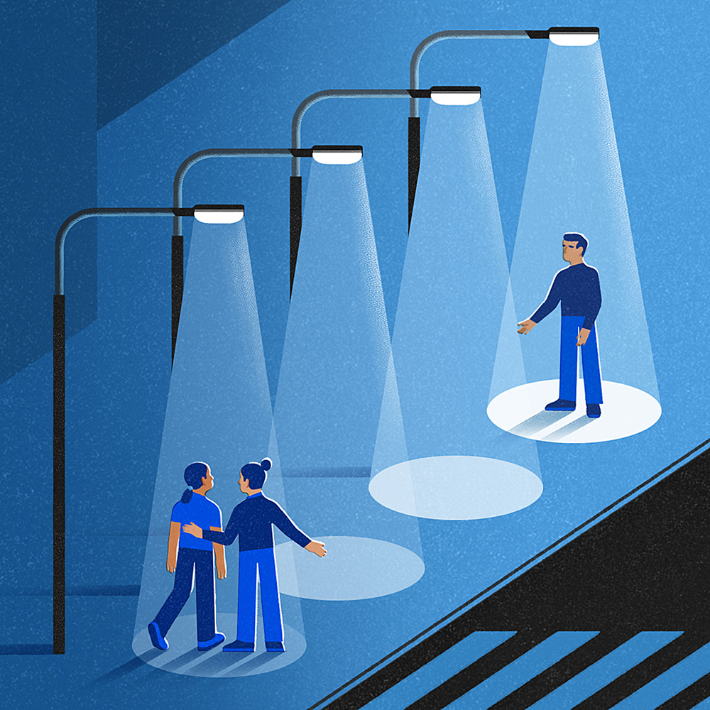 Digital illustration, primarily in blue tones, depicting four street lights, with two people under the nearest light, one with a guiding hand on the back of the other, and a person with their arms held out under the furthest light.