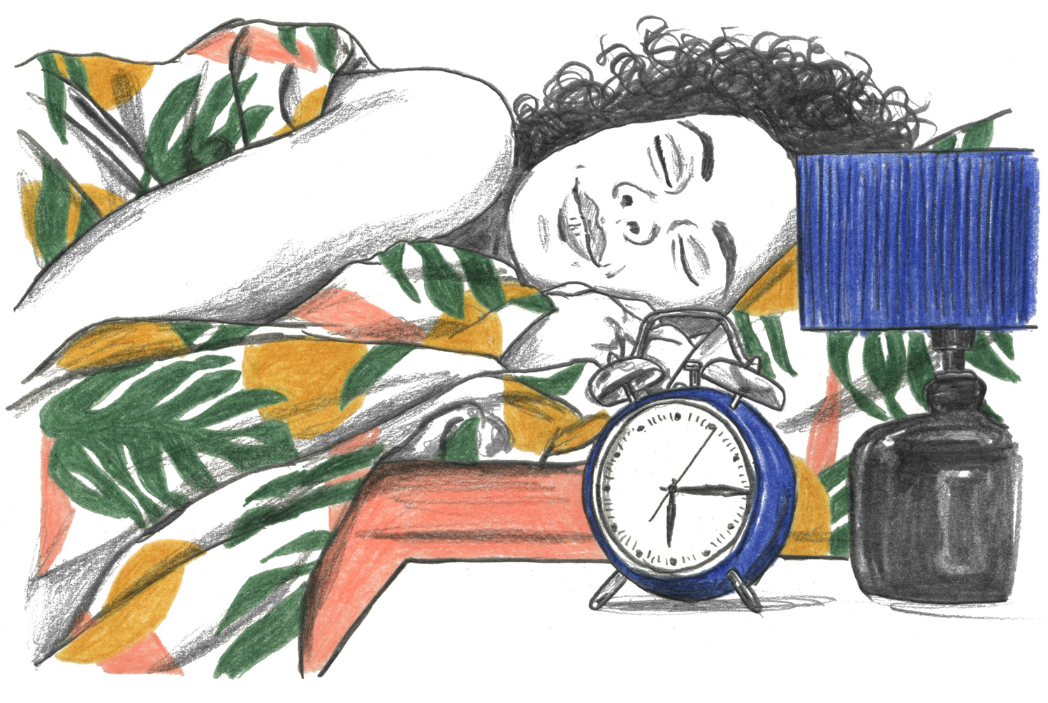 Coloured graphite drawing of a woman asleep in bed under a green and yellow leaf-patterned blanket, next to a blue alarm clock and a blue-shaded lamp.