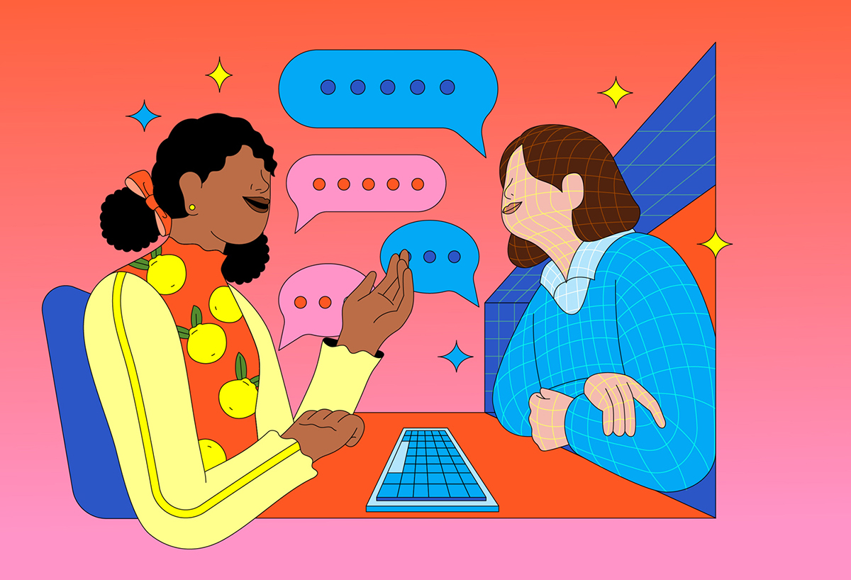 Digital illustration of a Black female student seated in front of a keyboard and screen, conversing with an AI personified as a woman partially emerged from the screen. Dotted online chat bubbles appear between them.