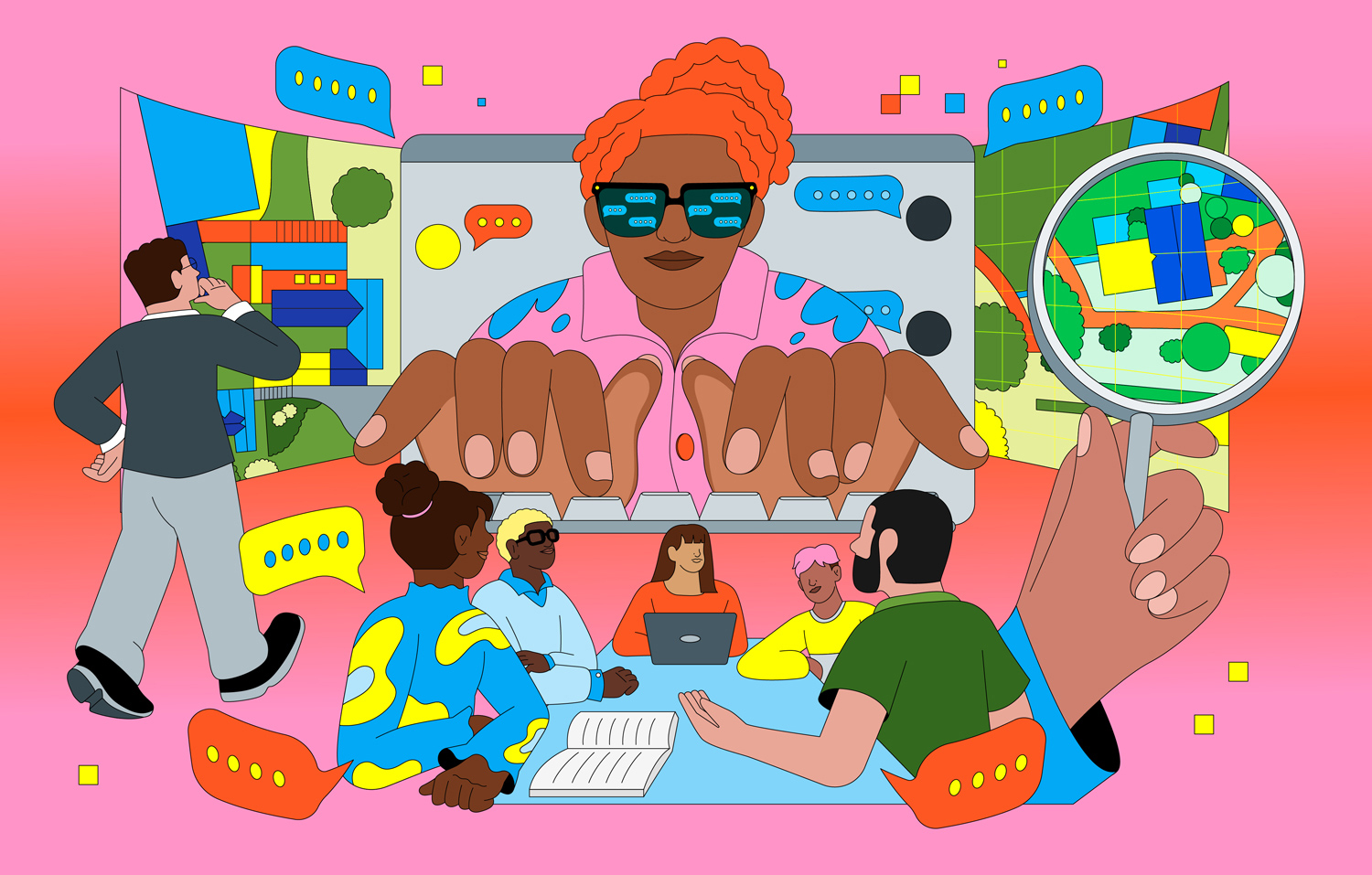 Digitally illustrated collage depicting a group of racially diverse students around a table in discussion at the centre bottom; a Black student typing on a computer keyboard with an online chat screen behind her and blue chat bubbles reflecting off her sunglasses at centre top; a man looking at an online map on the left; and a hand holding a magnifying glass over a portion of the map on the right. Several dotted online chat bubbles appear scattered throughout.