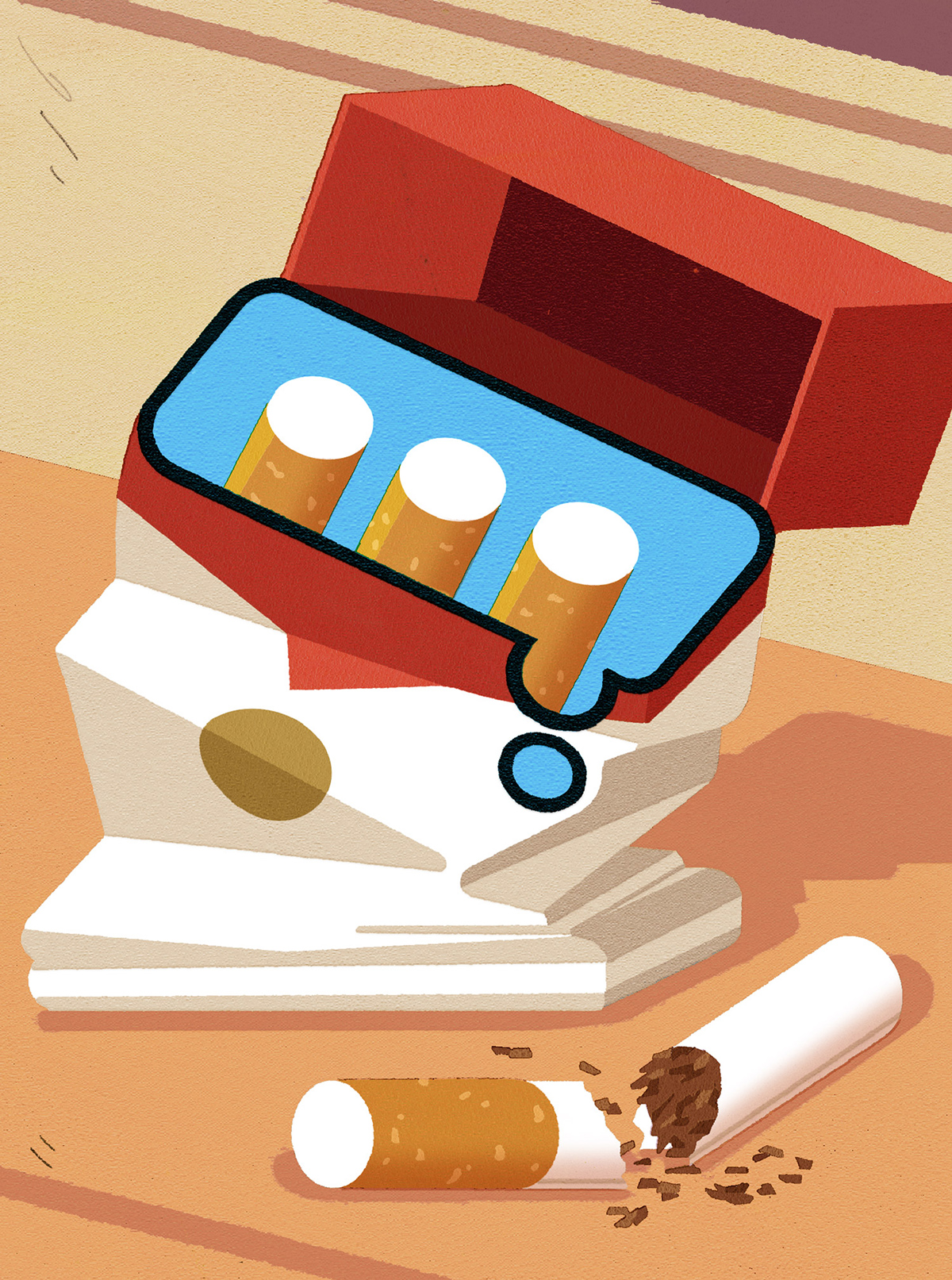 Digital illustration of a cigarette box containing three cigarettes. The bottom of the box is crushed, and there's a cigarette broken in half lying on the ground.