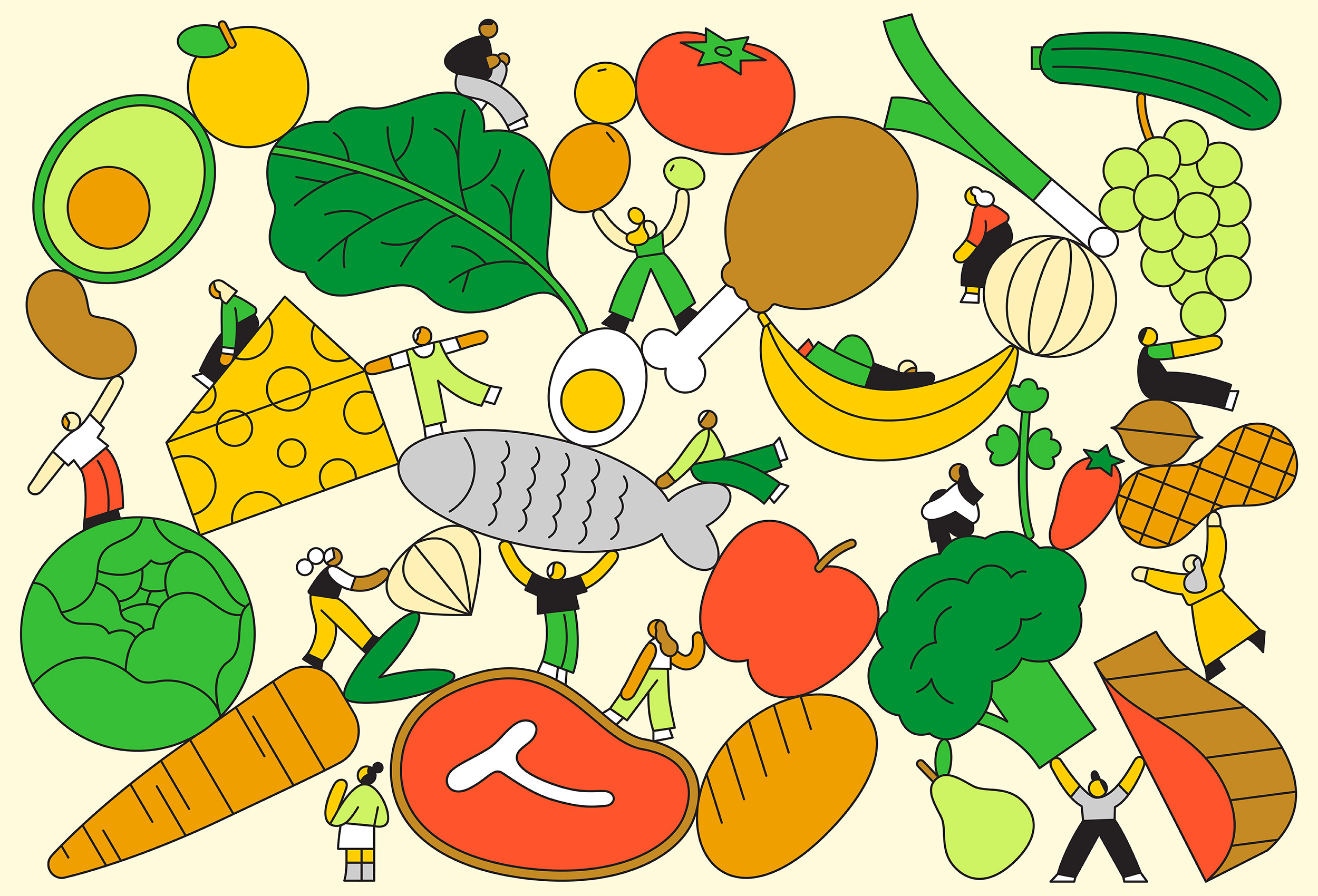 Collage of small-sized people of diverse ethnic backgrounds sitting on, lying on, hanging from or holding up giant fruits, vegetables, cheeses, meats, fish and other foods