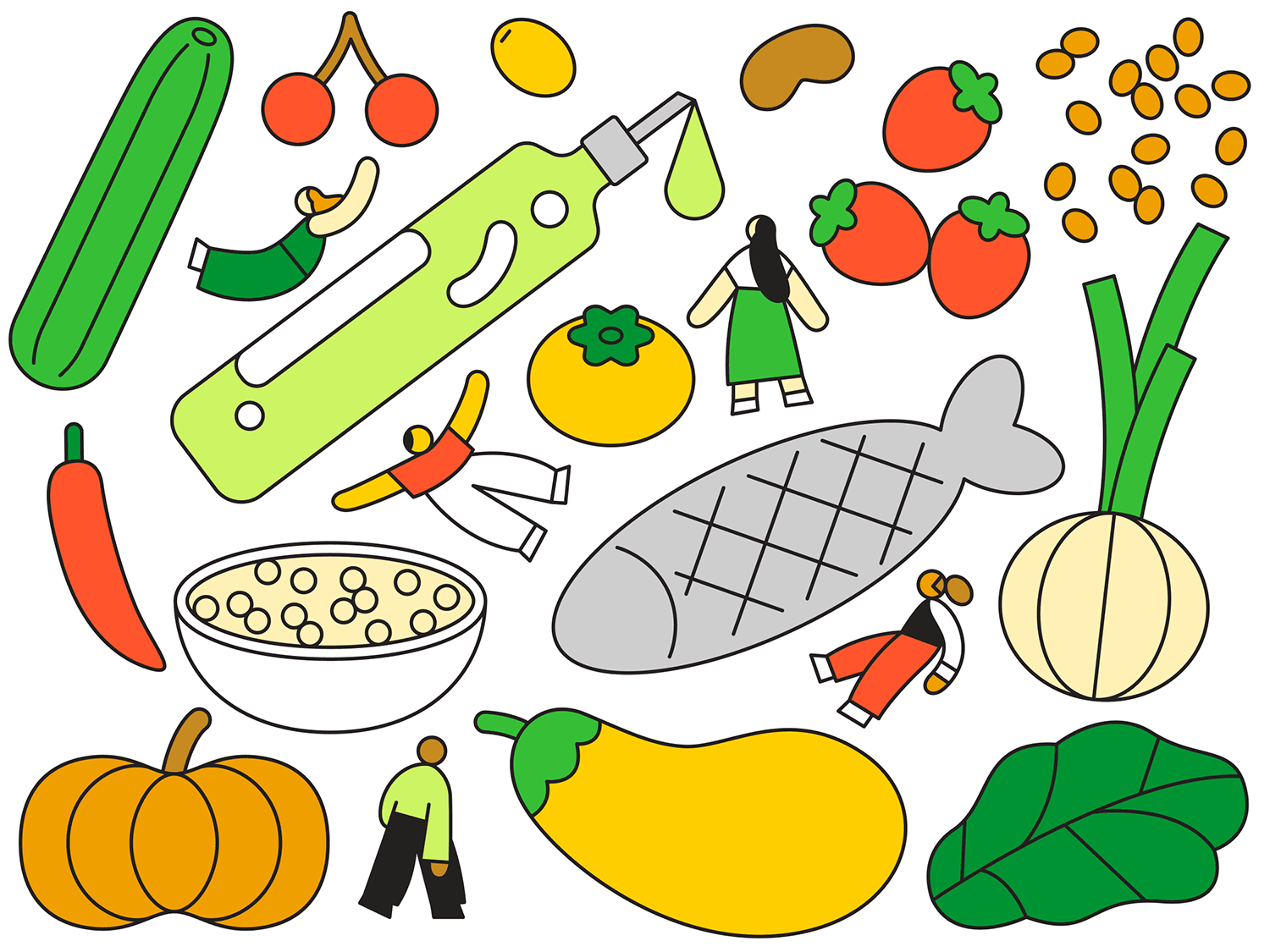 Digital illustration of small-sized people surrounded by giant animated food items, including a fish, a pumpkin, tomatoes, a bottle of oil and a cucumber. 