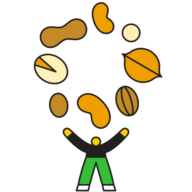 Animated digital illustration of a person juggling foods from different food groups. The foods are rotating above the person.