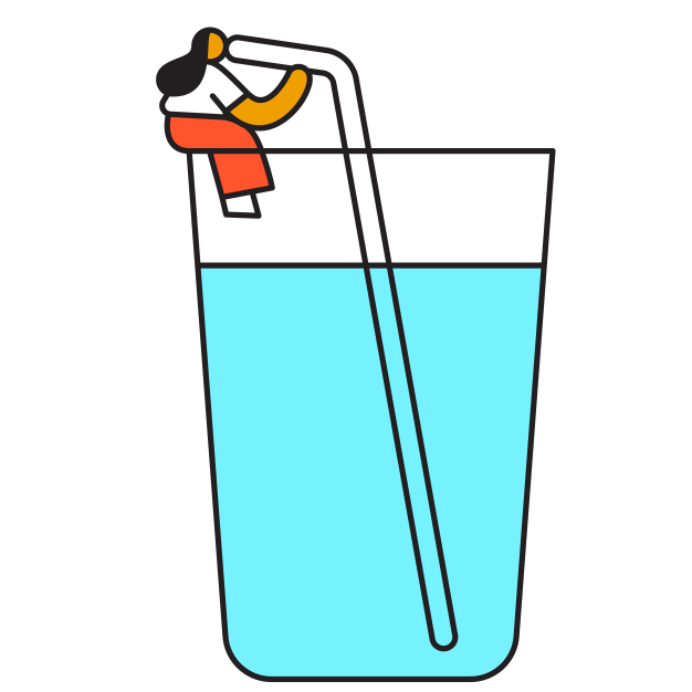 Animated digital illustration of a small-sized woman sitting on the rim of a giant glass, sipping water through a straw. The animation cycles through a full glass with the water gradually emptying.