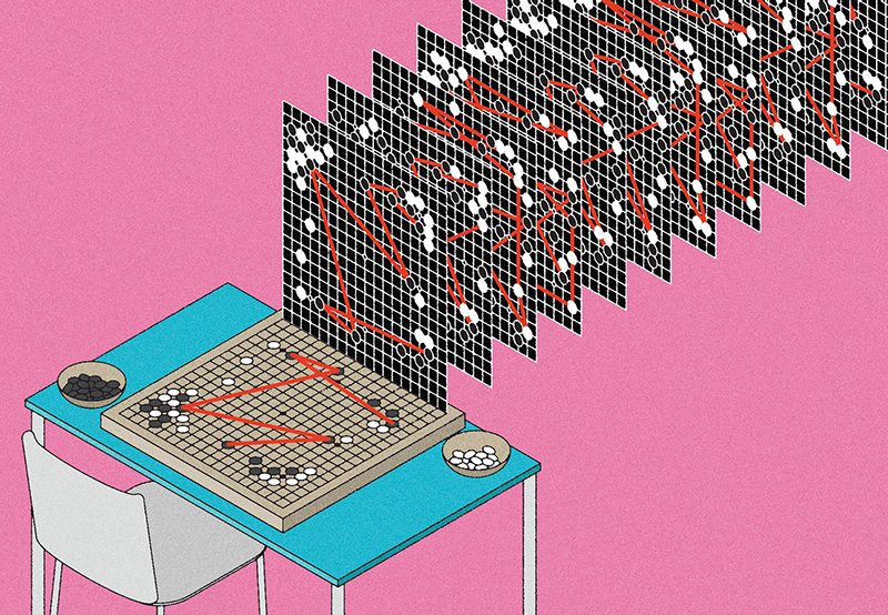 Digital illustration of a Go board game with black and white round pieces in play on a blue table with an empty chair on the bottom left corner. A row of black and white game boards arrayed vertically run diagonally to the top right. Each board displays different red lines representing different moves of the black pieces.