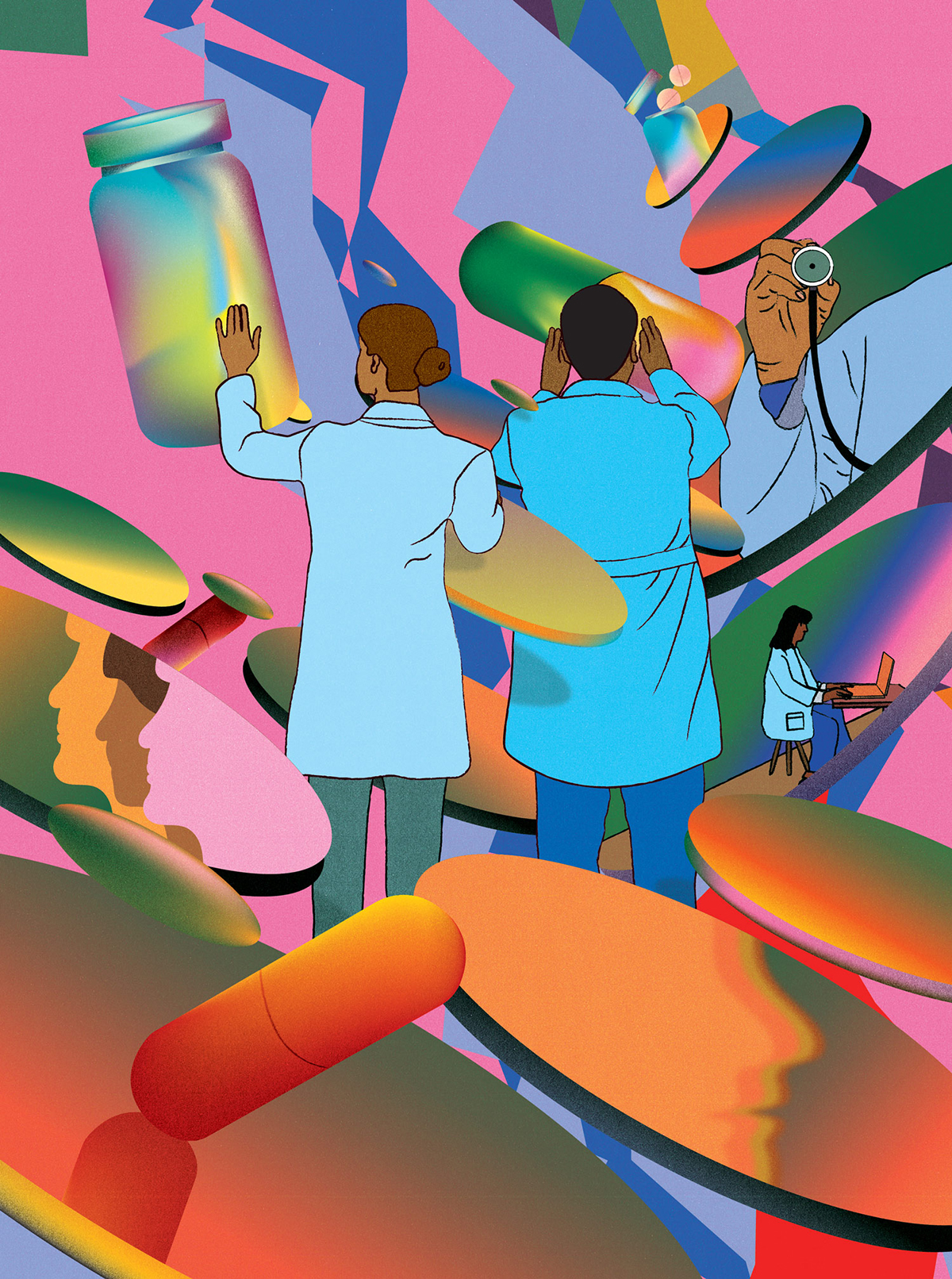 Digitally illustrated collage of health care professionals in white lab coats surrounded by oversized pills, glass bottles and round discs with reflections of people's heads in silhouette profile
