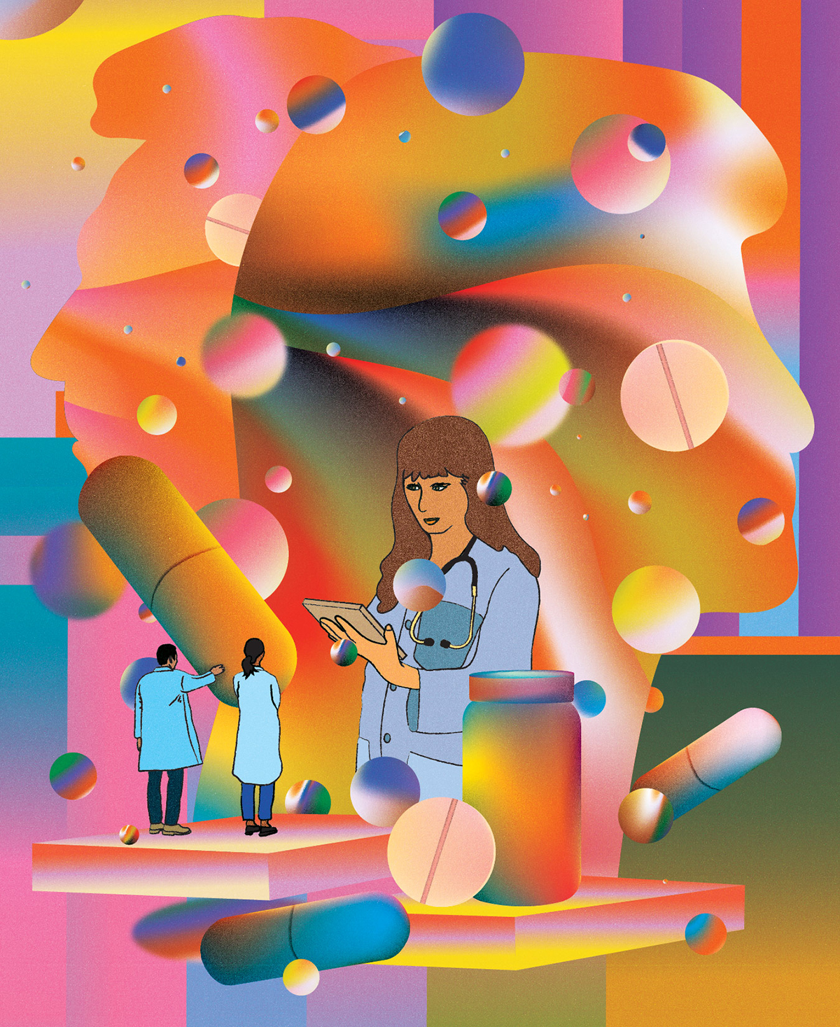Digitally illustrated collage of health care professionals in white lab coats and colourful, oversized pills and bottles and the outline of the side profile of two heads, filled in with different gradients of colour