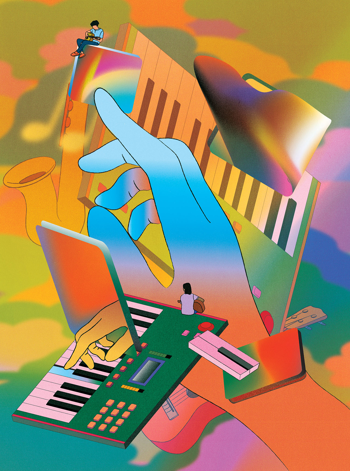Digitally illustrated collage of musical instruments, mobile phone screens and miniature sized musicians playing guitars. A hand is reaching through a mobile phone screen to press a key on the keyboard.