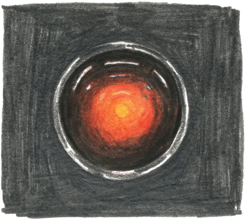 Graphite illustration of a black rectangle with a grey-white rimmed circle inside containing a circular orange centre