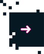 Digital illustration of a white arrow with a pink outline inside a black box with a few pixels missing. Several black pixels are scattered around the box.