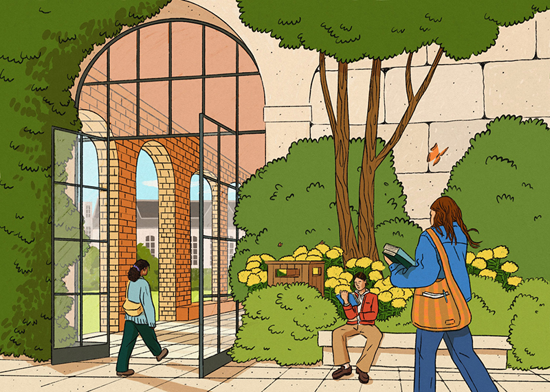 Digital illustration of students walking toward a large glass entrance to a building, with bushes and leaves covering the wall. A student is reading a book while sitting on a bench in front of a tree and flower bush.