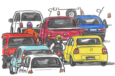 Colour graphite illustration of cars and cyclists on the road during traffic