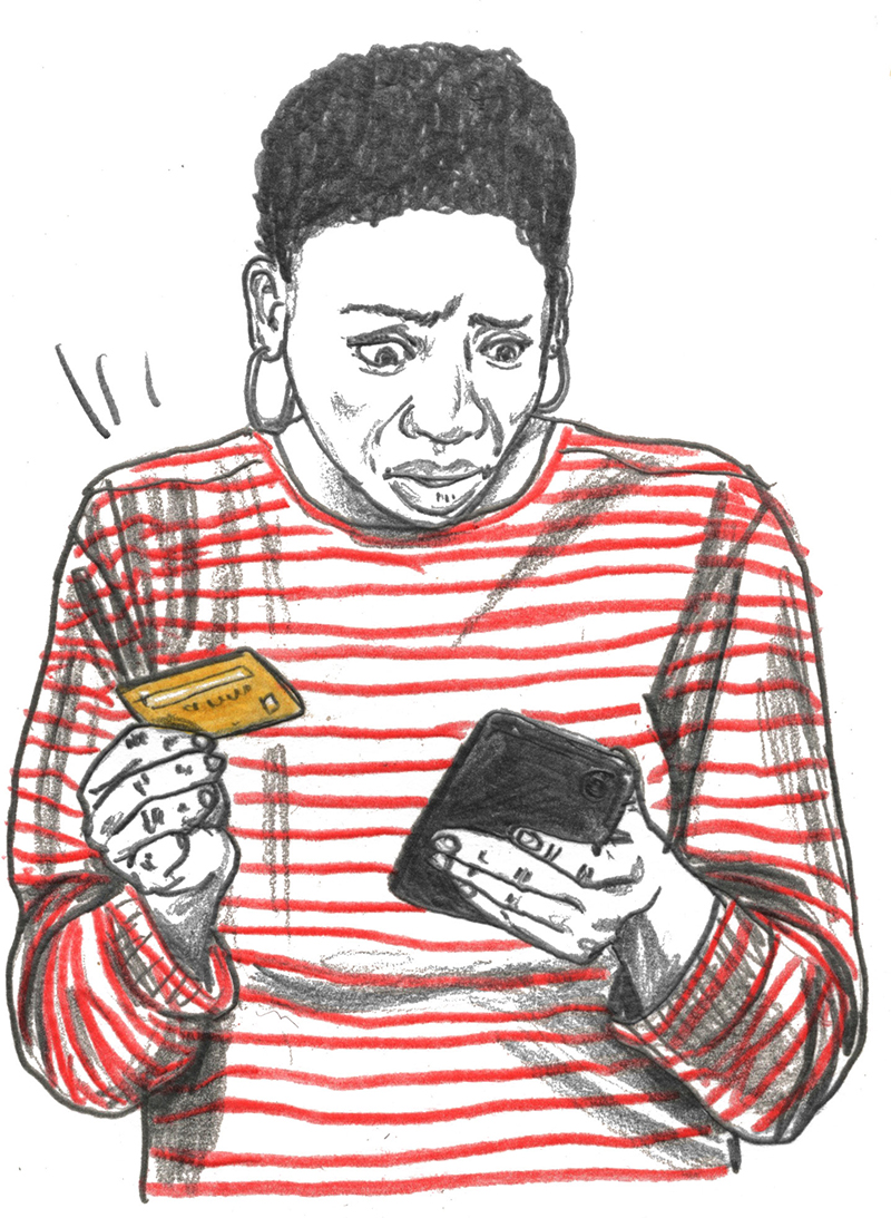 Colour graphite illustration of a woman looking at her phone with a confused expression, while holding a credit card in the other hand
