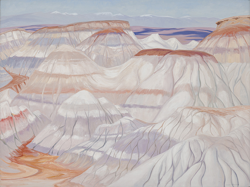 Oil on canvas painting, depicting the eroded rocky formations of the badlands and the various colours of different sediment layers