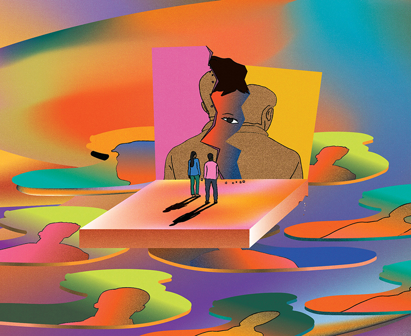 A digital illustration of two miniature sized people standing on a square platform, looking at an oversized image of the back of a person. There is a crack in the middle of the image, and an eye peering through the crack.