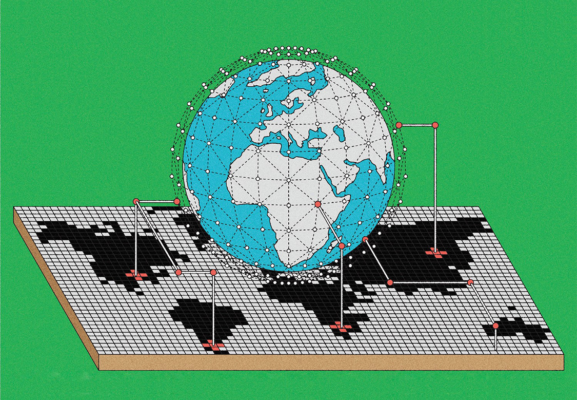 Digital illustration of planet Earth surrounded by tiny white dots interconnected by dotted lines. Several red-coloured dots are connected by solid lines to areas on a world map underneath made of pixels of black land masses and white ocean.