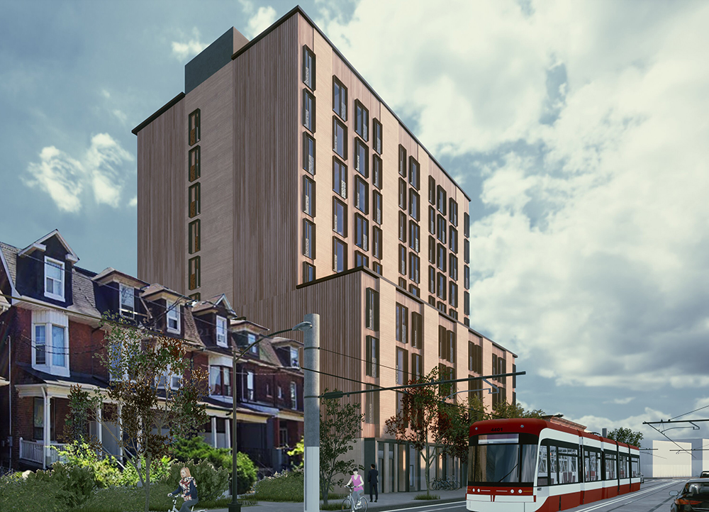 Artist rendering of a building constructed with mass timber and columns of well-spaced out windows. To the left of the building are three-story houses and in front is a TTC streetcar.