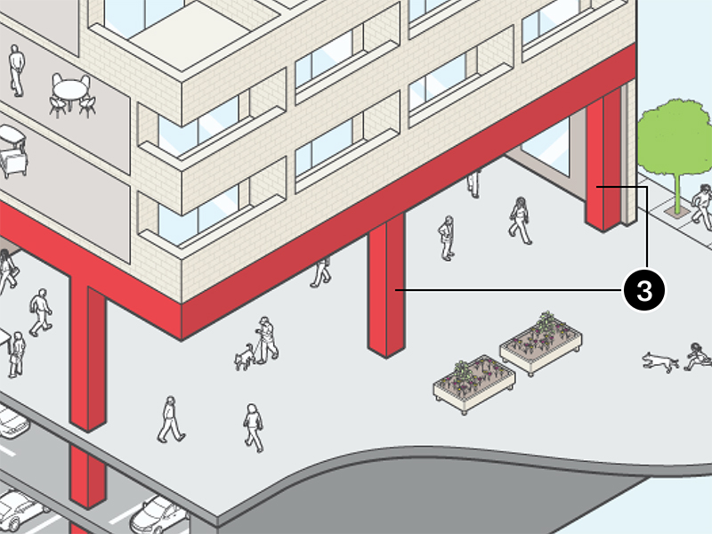 Cutaway digital illustration numbered 3, showing the interior of a section of the ground floor of a building, with thick red pillars in the centre and at each corner, supporting the floors above