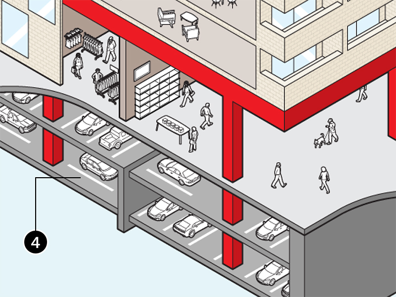 Cutaway digital illustration numbered 4, showing the interior of a section of the ground floor of a building, with people milling about, and two underground parking levels, occupied by cars