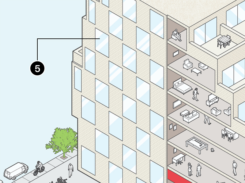 Cutaway digital illustration numbered 5, showing floor-to-ceiling windows interspersed with wall space along the side of a building