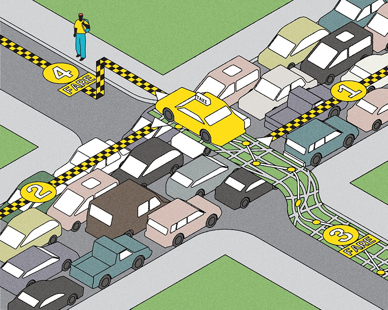 Digital illustration of a crossroad, with a taxi on an empty road, marked fare 4, driving on a ribbon of a GPS map over bumper-to-bumper traffic on the other road, marked 2 on one side and 1 on the other.