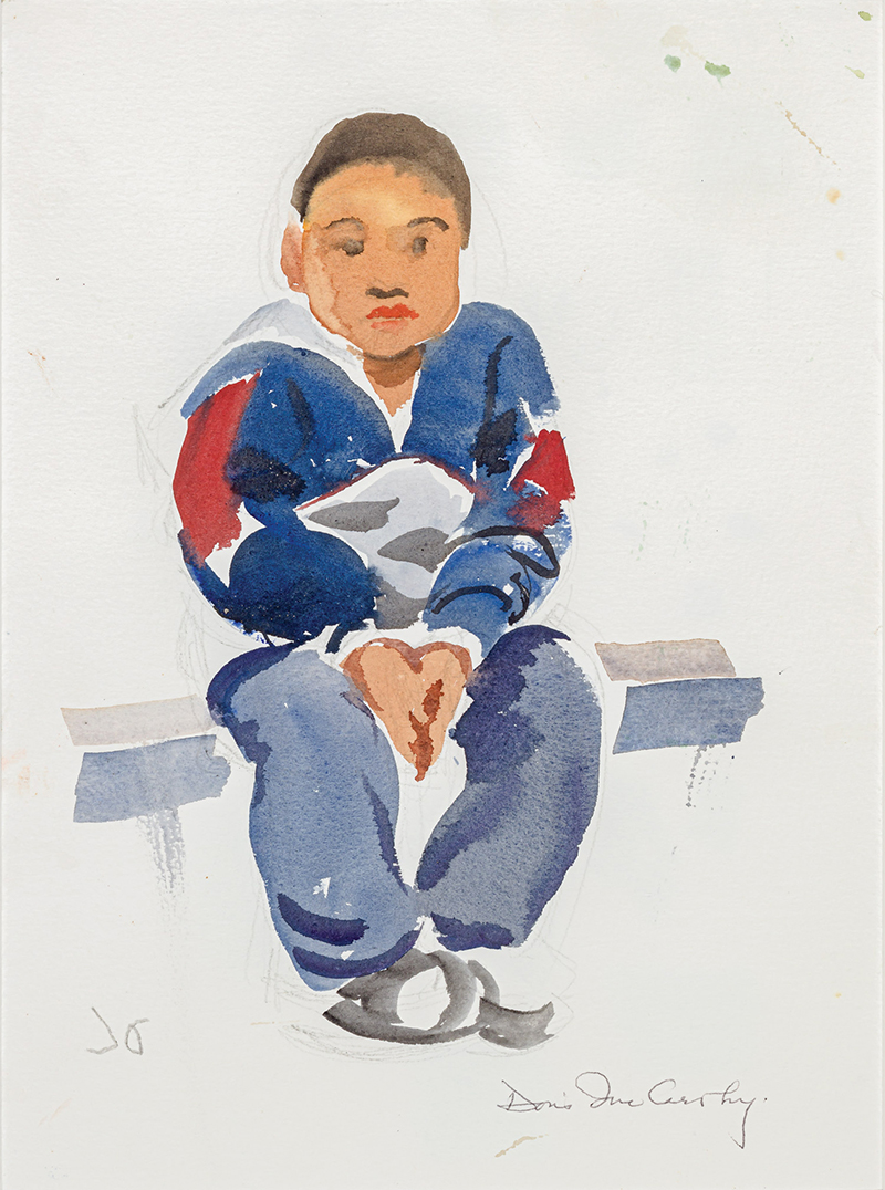 Watercolour painting of an Inuit boy, in a blue and red jacket and blue pants, sitting on a bench