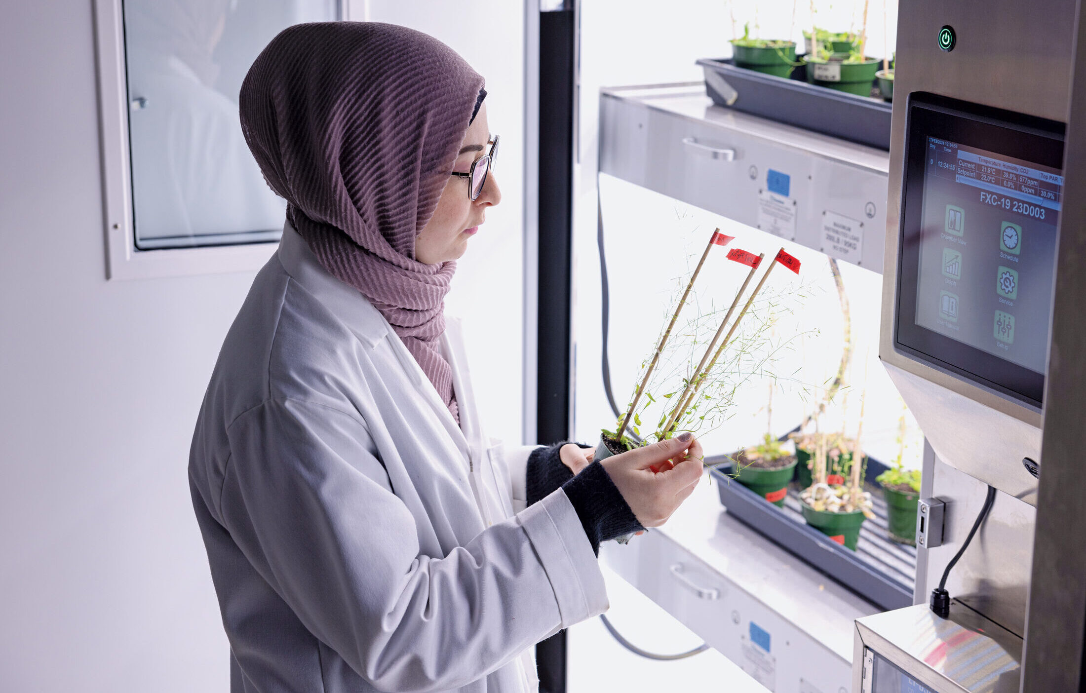 Jenan Noureddine, wearing a white lab coat and a khimar, is holding up and examining a potted plant in a well-lit room with a monitor displaying temperature, humidity and CO2 readings.
