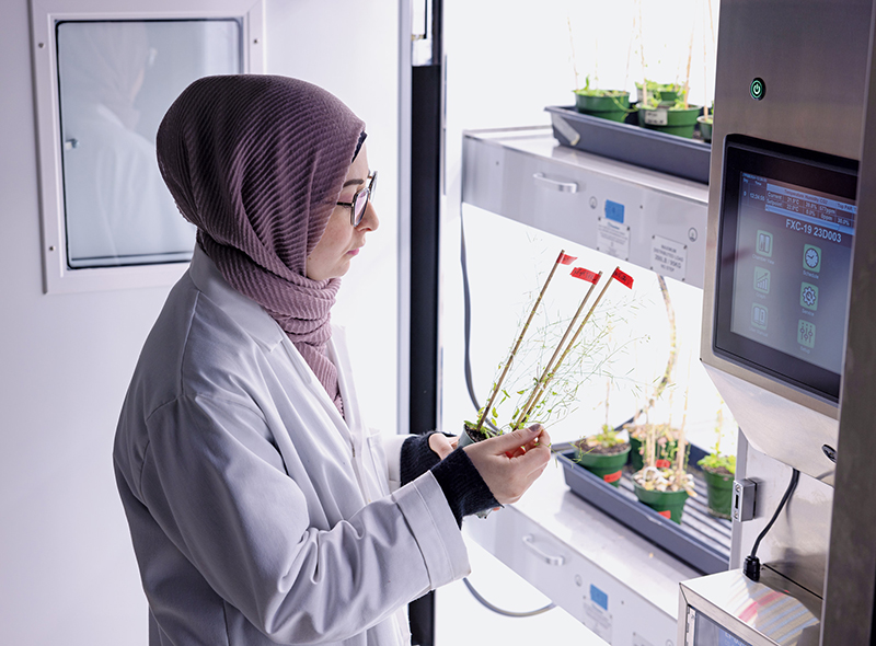 Jenan Noureddine, wearing a white lab coat and a mauve-coloured hijab, holding and examining a potted plant in a clean, white, well-lit room with a monitor displaying temperature, humidity and CO2 readings