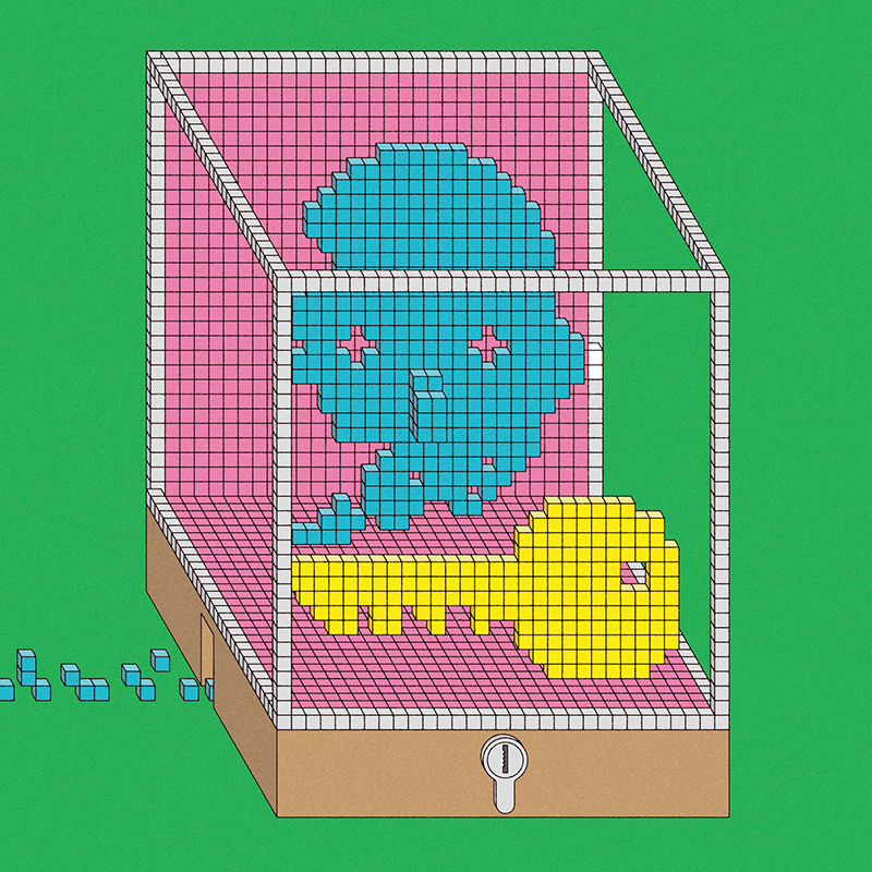 Digital illustration of a face made up of blue pixels and a key made up of yellow pixels inside a lockbox. There is a small opening on the left side of the box, with a trail of blue pixels outside the opening