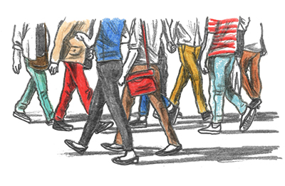 Colour graphite illustration of people, from the shoulder down, walking in different directions