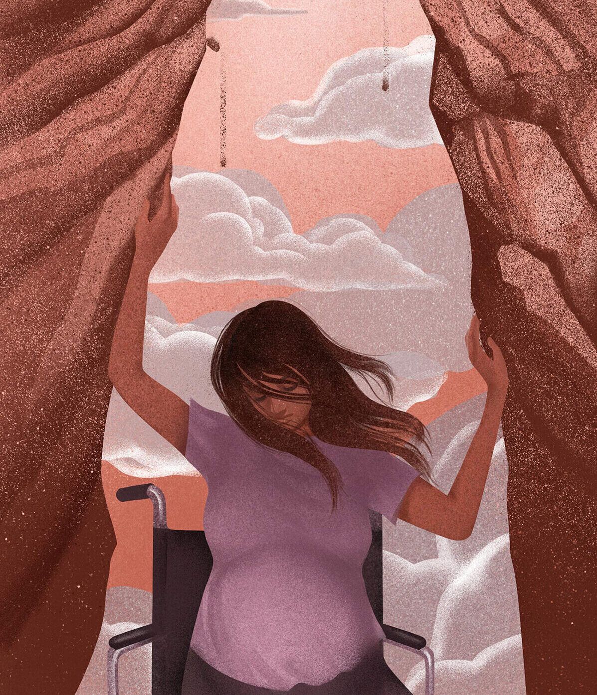 Digital illustration of a pregnant woman in a wheel chair, with her hands up and against two rock cliffs on either side of her.