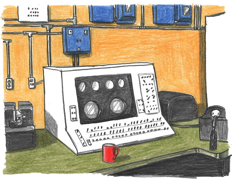 Colour graphite illustration of a bulky computer console with many buttons