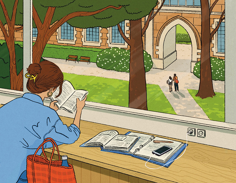 Digital illustration of a woman reading a book in a student study space. Her notebook laid out on a long desk by a large window, with her cell phone plugged into an outlet. The window overlooks campus grounds with grass, trees and bushes.
