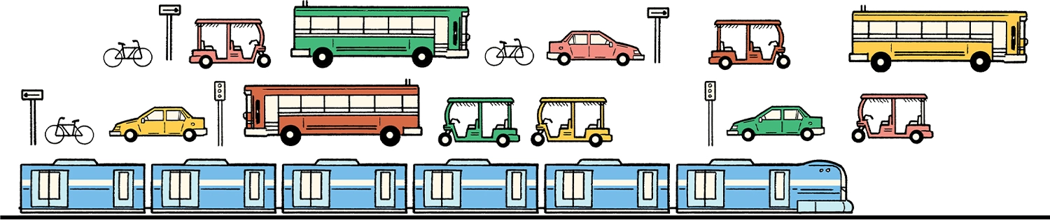 Illustration of different coloured buses, cars, bicycles and golf carts along two rows and a train on a third row at the bottom