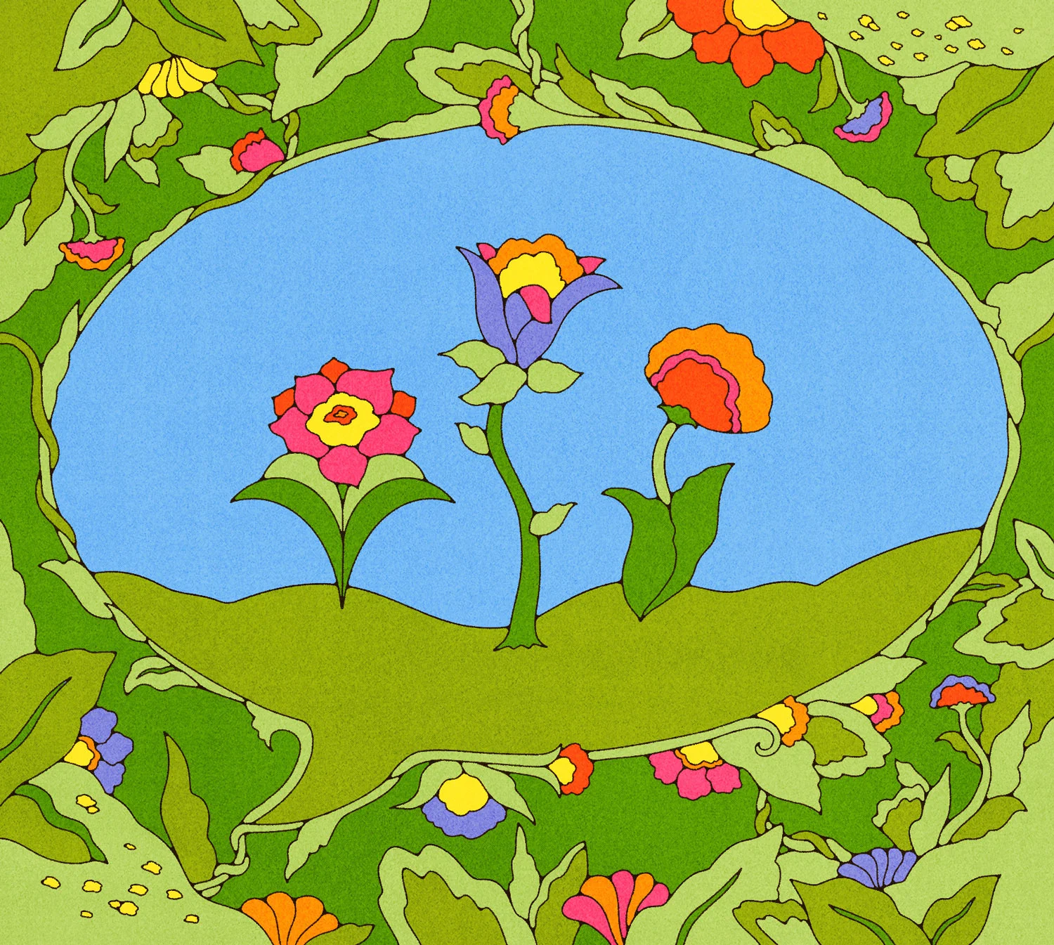 Digital illustration of three colourful flowers growing inside a large speech bubble outlined with flower stems, surrounded by leaves and flowers