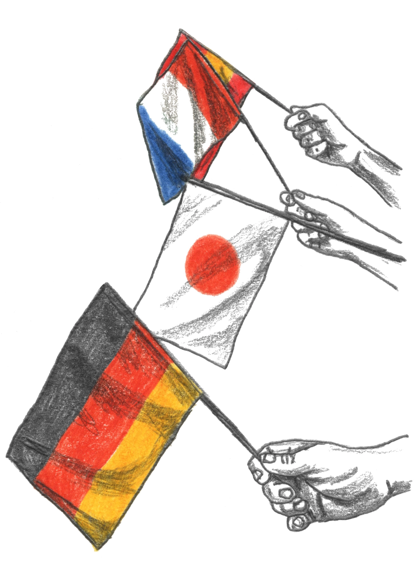 Coloured pencil and graphite drawing of three hands holding flags of different countries