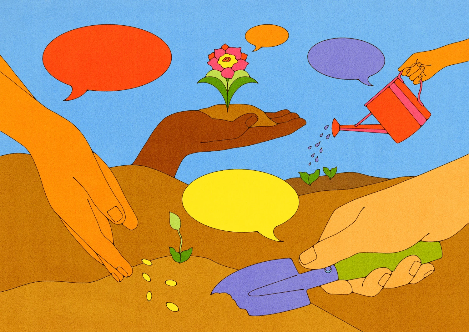 Digital illustration of hands planting seeds in soil and watering seedlings. One hand is holding a flower rooted in soil, and there are speech bubbles scattered about.