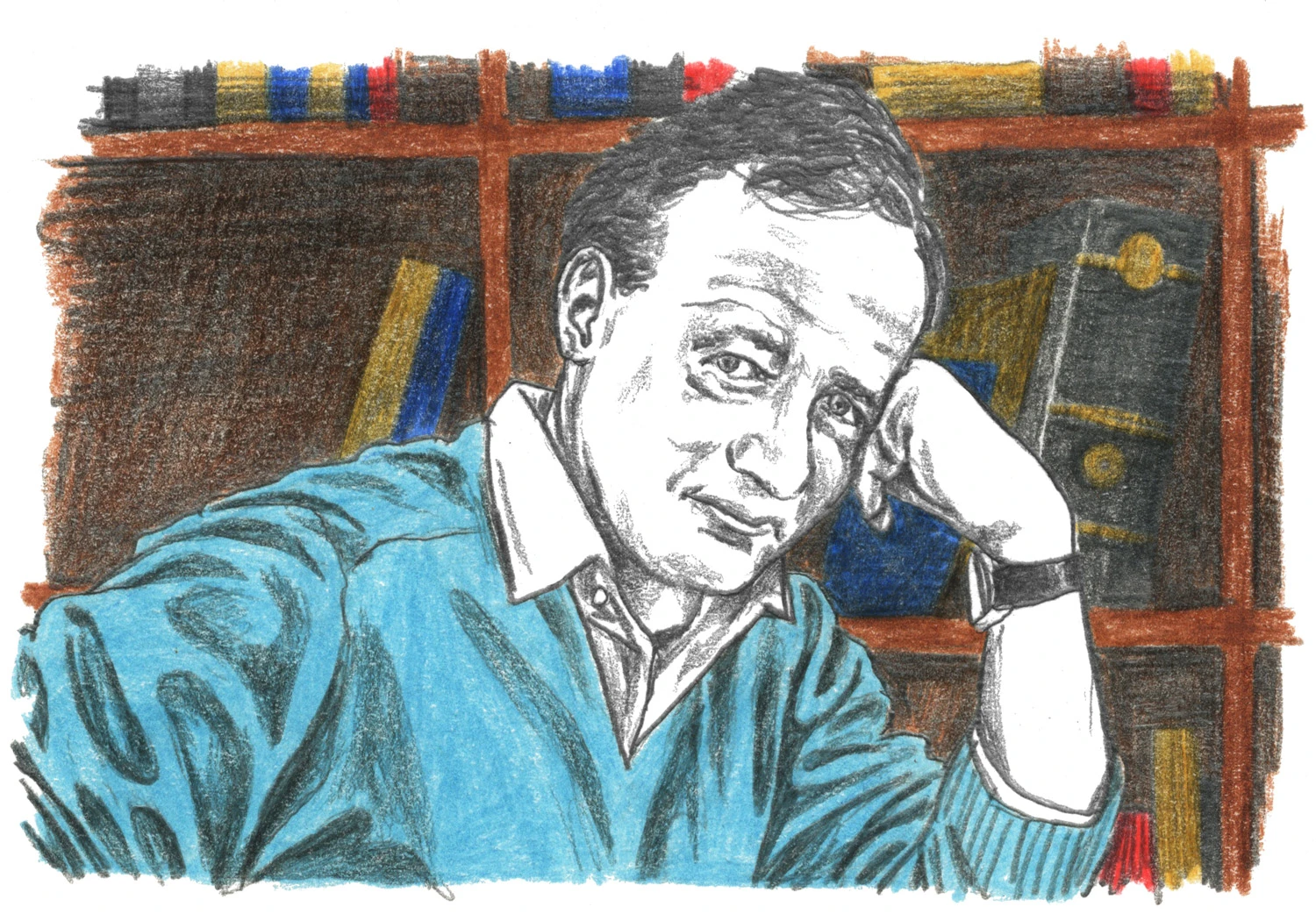 Coloured pencil and graphite illustration of professor emeritus John Polanyi