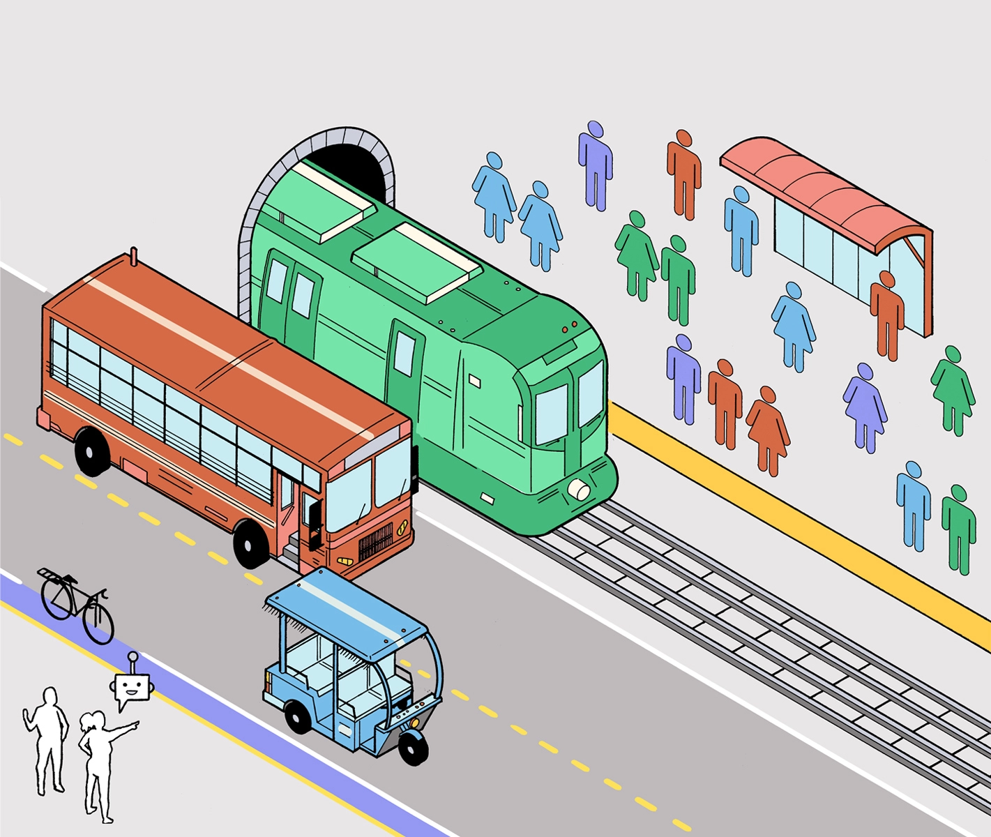 Illustration of a train coming out of a tunnel and people waiting on the far side of the track. A bus and a golf cart are on a road running parallel to the train tracks.