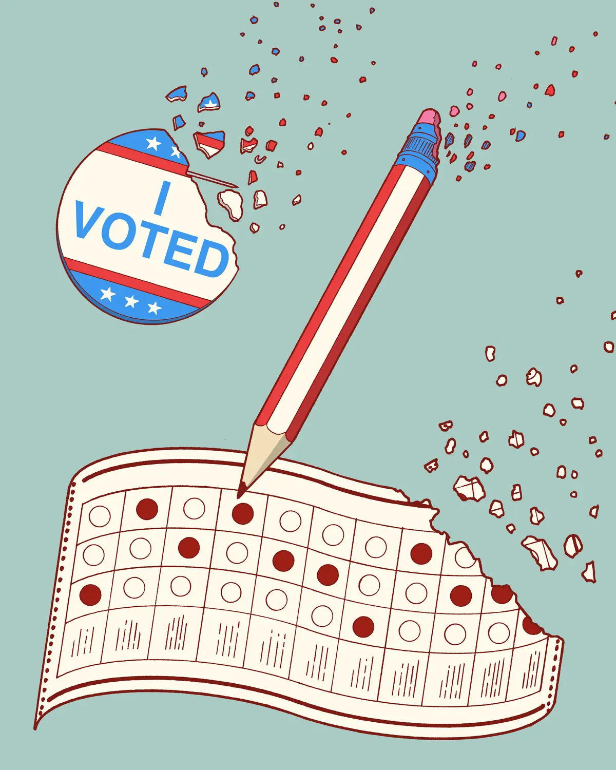 Illustration of a voting ballot, a pencil and an "I Voted" sticker disintegrating into small pieces at one end