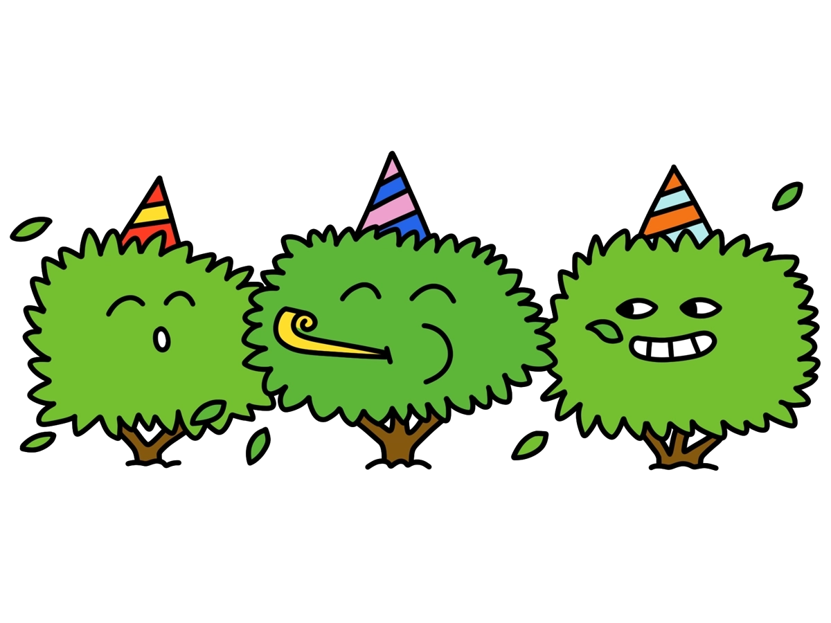 Digital illustration of three bushes wearing party hats, with the middle bush blowing a party whistle