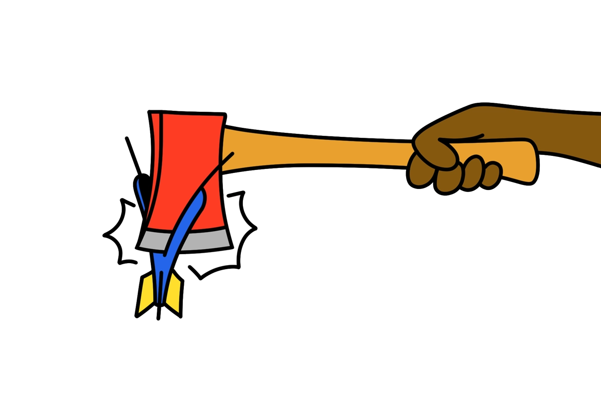 Digital illustration of a hand holding an axe and a dart being cleaved by the axe